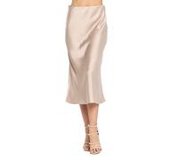 Women Solid High Waist Silky Casual Elastic Satin Midi Skirt -Made in USA (Available in Plus Size), Beige, M