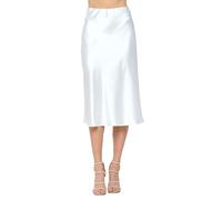 Women Solid High Waist Silky Casual Elastic Satin Midi Skirt -Made in USA (Available in Plus Size), Ivory, M