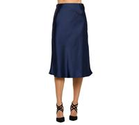 Women Solid High Waist Silky Casual Elastic Satin Midi Skirt -Made in USA (Available in Plus Size), Navy, M
