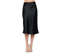 Women Solid High Waist Silky Casual Elastic Satin Midi Skirt - Made in USA, Black, Medium