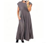 Women Solid Round Neck Sleeveless Pleated Maxi Dress with Pockets for Summer Beach Holiday Casual Long Dress Size S-XXXL(Gray XL)