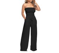 Women Solid Ruffle Lace Sleeveless Jumpsuit Stretch Elegant Bandeau Rompers Casual Straight Leg Ladies Jumpsuits Loose Fit Breathable Summer Overalls Soft Comfortable Beachwear Going Out (L) Black