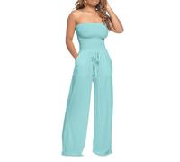 Women Solid Ruffle Lace Sleeveless Jumpsuit Stretch Elegant Bandeau Rompers Casual Straight Leg Ladies Jumpsuits Loose Fit Breathable Summer Overalls Soft Comfortable Beachwear Going Out (Blue, XL)