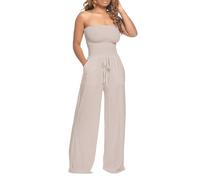 Women Solid Ruffle Lace Sleeveless Jumpsuit Stretch Elegant Bandeau Rompers Casual Straight Leg Ladies Jumpsuits Loose Fit Breathable Summer Overalls Soft Comfortable Beachwear Going Out (Beige, M)