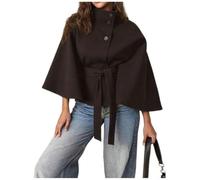 Women Solid Stand Collar Coat Loose Fit Button Belt(Brown XXL)