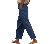 Women Solid Straight Solid Elastic Pants Long Linen Women Waist Cotton Casual Slit Trouser Legs Pants Beach Pant (X-2-Blue, XL)