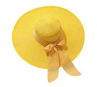 Women Solid Sun Straw Hat Pre Tied Knot Round Wide Brim Hat Roll Up Lounce Vintage Sunshade Hat Panama Hat Beach Travel Outdoor Lightweight Fashion Yellow One Size