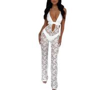 Women Spaghetti Strap Lace Jumpsuit Sexy Mesh See Though Hollow Out Backless Playsuit One Piece Outfit Party Clubwear (A-White, M)