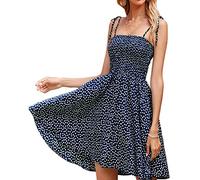 Women Spaghetti Strap Polka Dot Flowy Mini Summer Boho Dress Tie Shoulder Short Swing Aline Sundress, Dark Blue, M