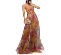 Women Spaghetti Strap V-Neck Floral Mesh Tulle Dress Sling Fairy Formal Evening Party Gown Dresses