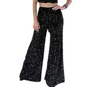 Women Sparkle Sequin Bell Bottom Pants High Waist Glitter Wide Leg Flare Palazzo Lounge Long Loose Elastic Pants Trousers Night Out Clubwear (A# Black, M)
