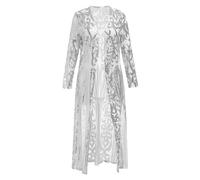 Women Sparkling Sequin Cardigan Duster Long Jacket 1920s Flapper Cover Up See Through Mesh Open Front Long Sleeve Dressy Coats for Evening Party Wedding Pageant Ball Prom Wedding Club Silver 3XL