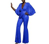 Women Sparkly Dressy Jumpsuit Deep V Neck Long Sleeve Clubwear Sequin Jumpsuit Elegant Plus Size Wide Leg Long Pants Rompers Festival Glitter Costume Rave Outwear Glitter Bling Clubwear Blue