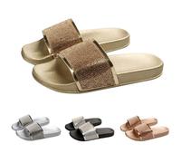Women Sparkly Rhinestone Sandals Summer Beach Slip on Wide Width Slides Open Toe House Cushioned Non Slip Slippers Casual Vacation Outdoor Indoor Walking Shoes (Gold, 7.5)