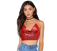 Women Sparkly Sequin Halter Tank Tops Sexy Deep V Neck Sleeveless Backless Body Chain Crop Tops Night Club Glitter Vest Top Spaghetti Strap Cami Tank Shirt Blouse Casual Clubwear Musical Festival