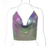 Women Sparkly Sequin Halter Tank Tops Sexy Deep V Neck Sleeveless Backless Body Chain Crop Tops Night Club Glitter Vest Top Spaghetti Strap Cami Tank Shirt Blouse Casual Clubwear Musical Festival