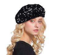 Women Sparkly Sequins Beret Hat Shining Beanie Cap for Dancing Party Night Fancy Dress, Sparkly Shining Beanie Cap for Women Girls Halloween Festival Party Club, Berets for Women UK Black