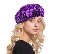Women Sparkly Sequins Beret Hat Shining Beanie Cap for Dancing Party Night Fancy Dress, Sparkly Shining Beanie Cap for Women Girls Halloween Festival Party Club, Berets for Women UK Purple