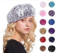 Women Sparkly Sequins Beret Hat Shining Beanie Cap for Dancing Party Night Fancy Dress, Sparkly Shining Beanie Cap for Women Girls Halloween Festival Party Club, Berets for Women UK Silver