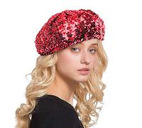 Women Sparkly Sequins Beret Hat Shining Beanie Cap for Dancing Party Night Fancy Dress, Sparkly Shining Beanie Cap for Women Girls Halloween Festival Party Club, Berets for Women UK Red