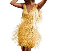Women Sparkly Tassels Fringe Flapper Dress Clearance V Neck Spaghetti Sequin Glitter Dance Dress Party Club Short Dress Latin Salsa Ballroom Costume Vintage Sexy Tango Hip Scarf Cha Cha Dress UK Gold