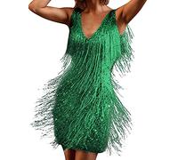 Women Sparkly Tassels Fringe Flapper Dress Deep V Neck Spaghetti Sequin Glitter Mini Dance Dress Party Dress (F-Green, XXXL)