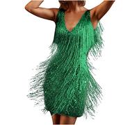 Women Sparkly Tassels Fringe Flapper Dress Sale Clearance V Neck Spaghetti Sequin Glitter Dance Dress Party Club Short Dress Latin Salsa Ballroom Costume Vintage Sexy Tango Hip Scarf Cha Cha Dress UK