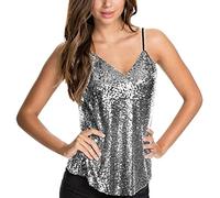 Women Sparkly Tops Sequin V Neck Strappy Vest Tank Top Strap Camisole Glitter Sleeveless Tanks Tops Blouse T-Shirts Party Vest 1920s Sparkly Sequin Top Glitter Rave Party Vest Tank Tops (Silver, M)