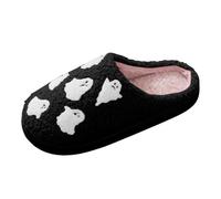 Women Spooky Season Fuzzy Slippers Ghost All Over Print Closed Toe Soft Plush Lined Slip On Indoor Slides Multi Colour Pastel Footwear for Halloween Home Loungewear Holiday Casual Wear