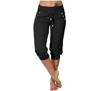 Women Sport Pocket Drawstring Elastic Waist Shorts - Ladies Shorts with Pockets - Yoga Trousers Knee LengthShorts Lightweight Work Trousers Casual High Waist Stretch Pant 3/4 Jeggings