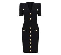 Women Spring/Summer Solid Color Gold Button Slimming Style Commuter Short Sleeve Knitted Elastic Dress Black S