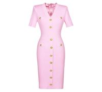 Women Spring/Summer Solid Color Gold Button Slimming Style Commuter Short Sleeve Knitted Elastic Dress Pnnrk L