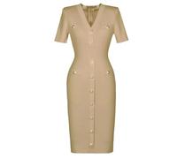 Women Spring/Summer Solid Color Gold Button Slimming Style Commuter Short Sleeve Knitted Elastic Dress Khaki S