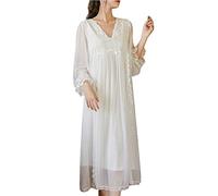 Women Spring Sweet Princess Palace Style V-Lace Embroidered Mesh Nightgown Pajamas Nightwear Victorian Pajamas Nightwear Lounge Sheer Dress Sleep Shirt White XL