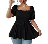 Women Square Neck Puff Short Sleeve Peplum Blouse, Smocked Bust Flowy A Line Hem Tunic Top, Chiffon Empire Babydoll Shirt Women's Short Sleeve Ruffle Peplum Blouses Square Neck Going Out Shirts Black