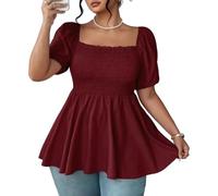 Women Square Neck Puff Short Sleeve Peplum Blouse, Smocked Bust Flowy A Line Hem Tunic Top, Chiffon Empire Babydoll Shirt Women's Short Sleeve Ruffle Peplum Blouses Square Neck Going Out Shirts Wine