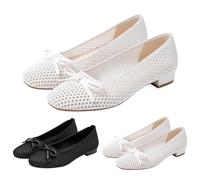 Women Square Toe Bow Mesh Ballet Flats, Breathable Hollow Knit Shoes for Ladies, Plus Size Slip On Casual Mom Loafers, Low Flat Non Slip Comfort Walking Footwear, European Style Leisure Shoes Black