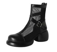 Women Square Toe Summer Ankle Boots Hollow Out Platform Sandal Booties Chunky Block Heel Back Zip Casual Chic Mesh Fashion Shoes,Black,4 UK