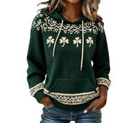 Women St.Patricks Day Hoodie Ladies Irish Shamrock Printed Jumper with Pockets Plus Size Long Sleeve Drawstring Waffle Shirts Green Festive Costume (Green, S)