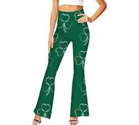 Women St. Patrick's Day Pants Lucky Shamrock Clover Flares 3D Printed Bell-Bottoms Green Plaid Trousers Wide Leg Yoga Pant Full Length Casual Pants Tummy Control Sweatpants Baggy Comfy Leggings