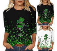 Women St. Patrick's Day Sweatshirt 3/4 Sleeve Blouse Clearance Ladies Irish Clover Shamrock Printed Round Neck Pullover Casual Oversized Green Tops Lucky Ireland Shirts Paddy's Day Blouse Plus Size