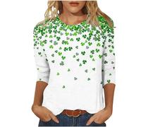 Women St. Patrick's Day Sweatshirt 3/4 Sleeve Blouse Clearance Ladies Irish Clover Shamrock Printed Round Neck Pullover Casual Oversized Green Tops Lucky Ireland Shirts Paddy's Day Blouse Plus Size