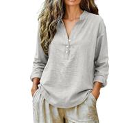 Women Stand Collar 3 Button Half Placket Roll Up Long Sleeve Top Gray