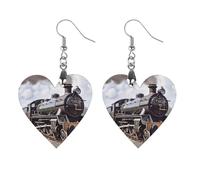 Women Steam Locomotive Train Wooden Earrings Lightweight Dangle Earrings Geometric Drop Earring Vintage Heart-Shaped Retro Daily Wear Jewelry Gift for Wedding Party Graduation