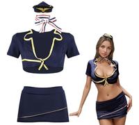 Women Stewardess Costume Sexy Airline Flight Attendant Outfit Front Closure Crop Top with Mini Skirt 2 Piece Set with Hat Scarves Roleplay Fancy Hostess Uniform for Halloween Cosplay Xmas Lingerie