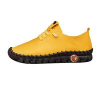 Women Stitching Single Shoes Wide Fit Slip on Leather Trainers Comfortable Non Slip Mom Shoes Casual Sneakers for Daily Outdoor Walking Gym Athletic Size 4.5 Yellow