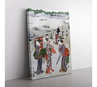 Women Stood By Ryogoku Bridge By Utagawa Toyokuni Asian Japanese Canvas Wall Art Print Ready to Hang, Framed Picture for Living Room Bedroom Home Office Décor, 60x40 cm (24x16 Inch)