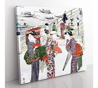 Women Stood by Ryogoku Bridge by Utagawa Toyokuni Asian Japanese Canvas Wall Art Print Ready to Hang, Framed Picture for Living Room Bedroom Home Office Décor, 50x50 cm (20x20 Inch)