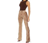 Women Straight Leg Jeans Casual Y2k High Waisted Lace UP Split Hem Jeans Slim Fit Trendy Denim Pants, Beige, M