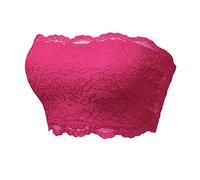 Women Strapless Bra Non-Padded Basic Layering Seamless Bra Bandeau Crop Tube Top Bra Floral Lace Soft Bralette Stretch Hot Pink M